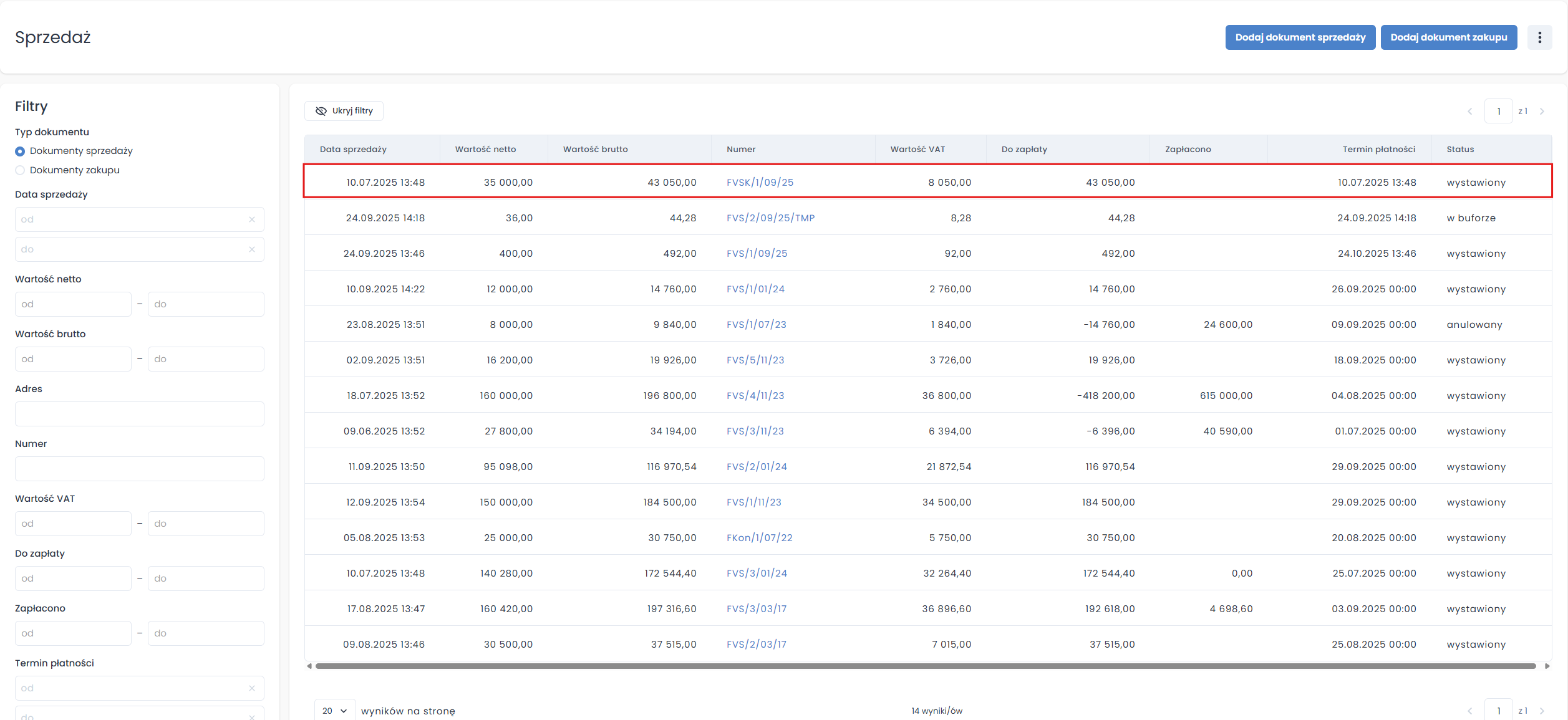 Dokumenty korekty na liście